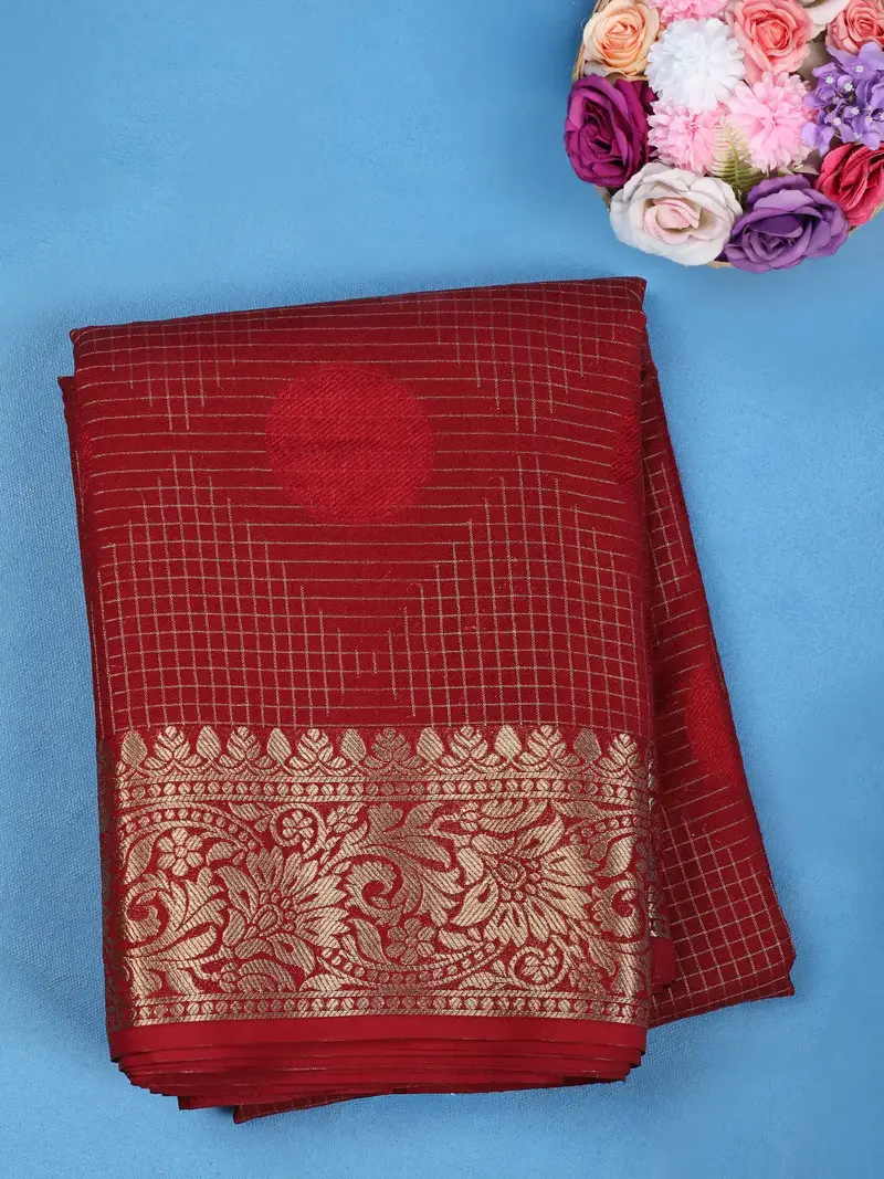 Red Checked Design Mysore Silk Saree 1