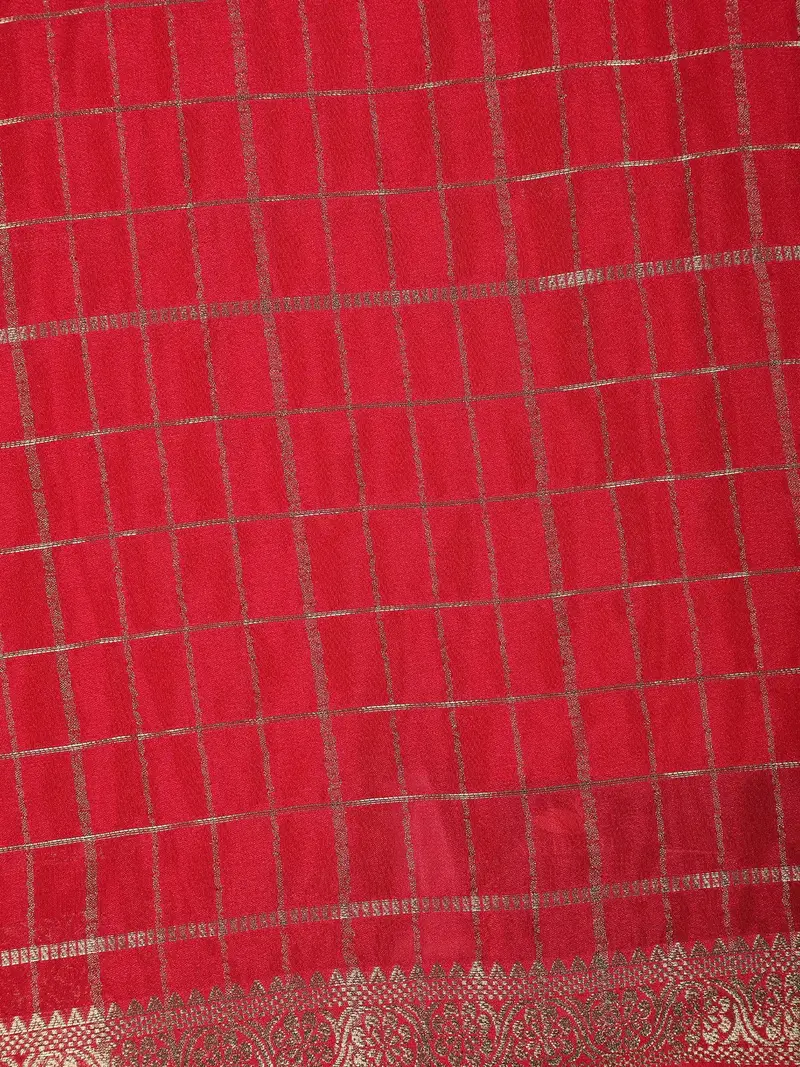 Red Checked Design Mysore Silk Saree 2