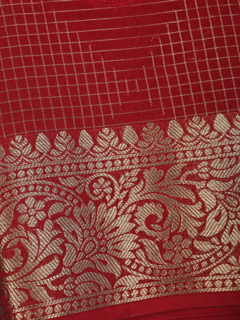 Red Checked Design Mysore Silk Saree 2