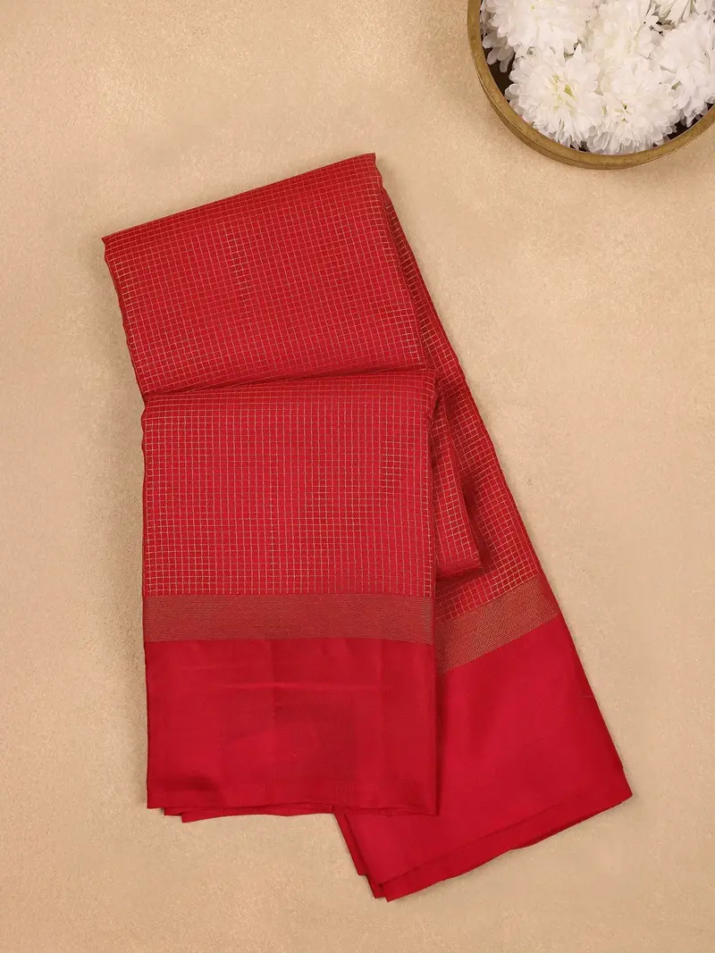 Red Checkered Woven Pure Kanchipuram Silk Saree 1