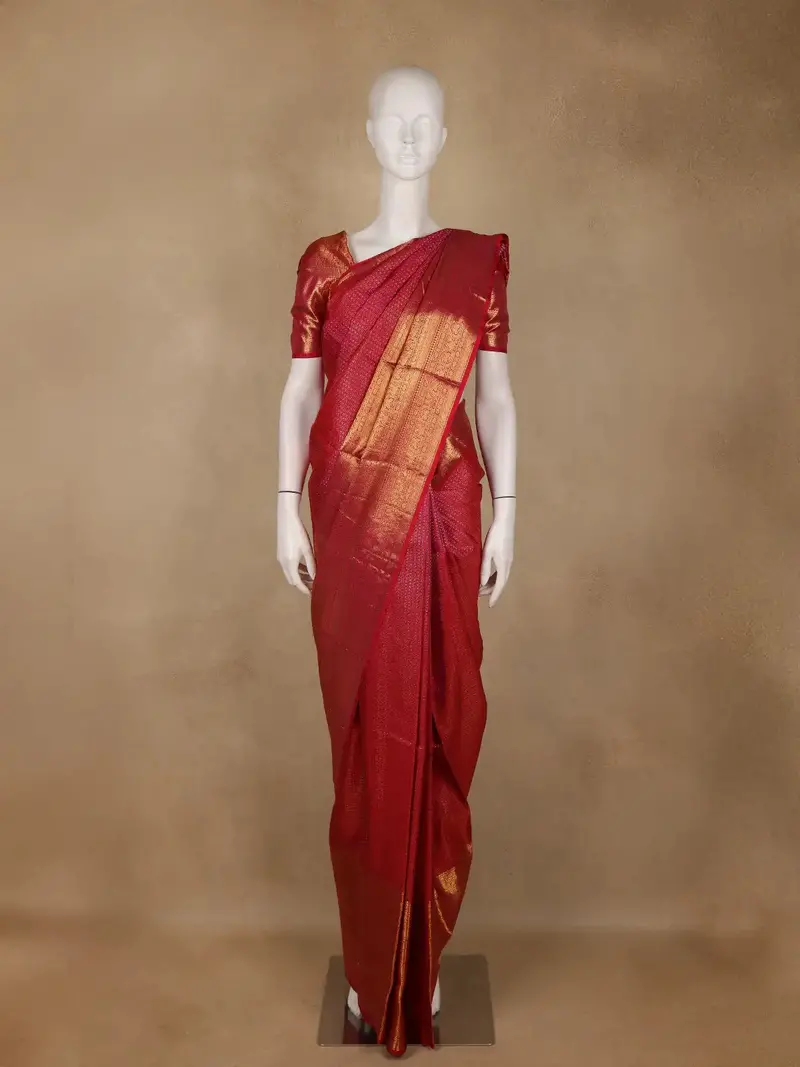 Red Checkered Woven Pure Kanchipuram Silk Saree 1