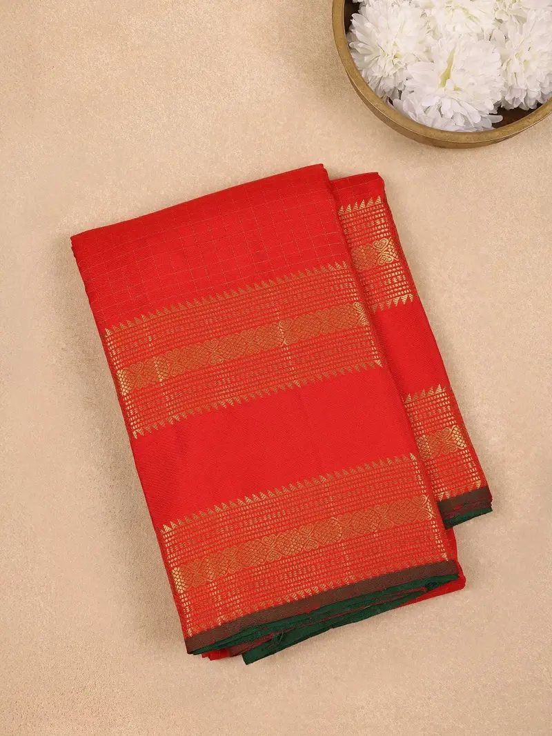 Red Checks Woven Pure Kanchipuram Silk Saree 1