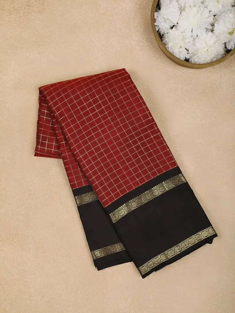 Red Checks Woven Pure Kanchipuram Silk Saree 1