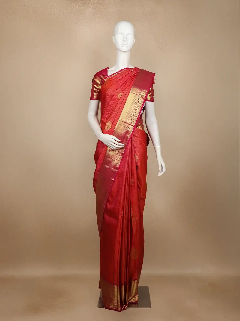 Red Checks Woven Pure Kanchipuram Silk Saree With Rich Zari Border 1