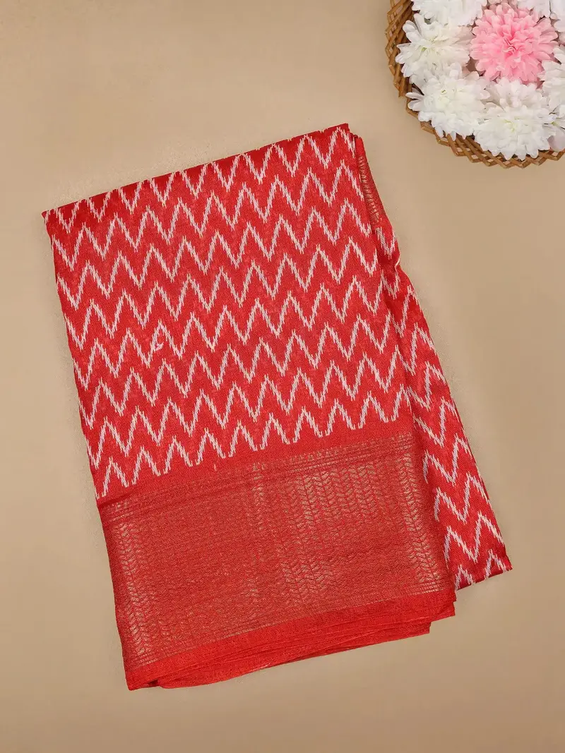 Red Chevron Designed Fancy Cotton Saree 1