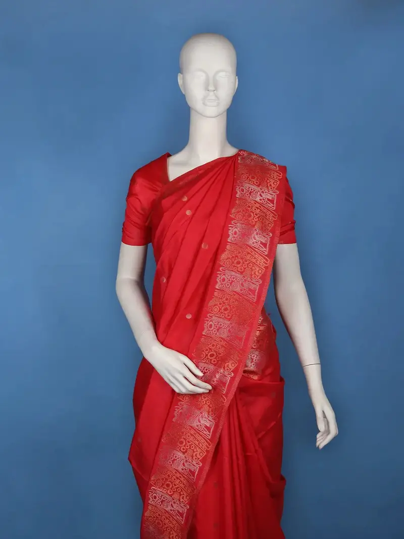 Red Circle Motif Design Semi Tussar Silk Saree 2