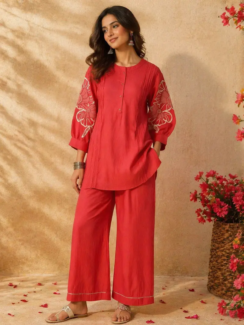 Red Co-Ord Salwar Suit For Girls Adorned With Sequins And Floral Design With Pant 1