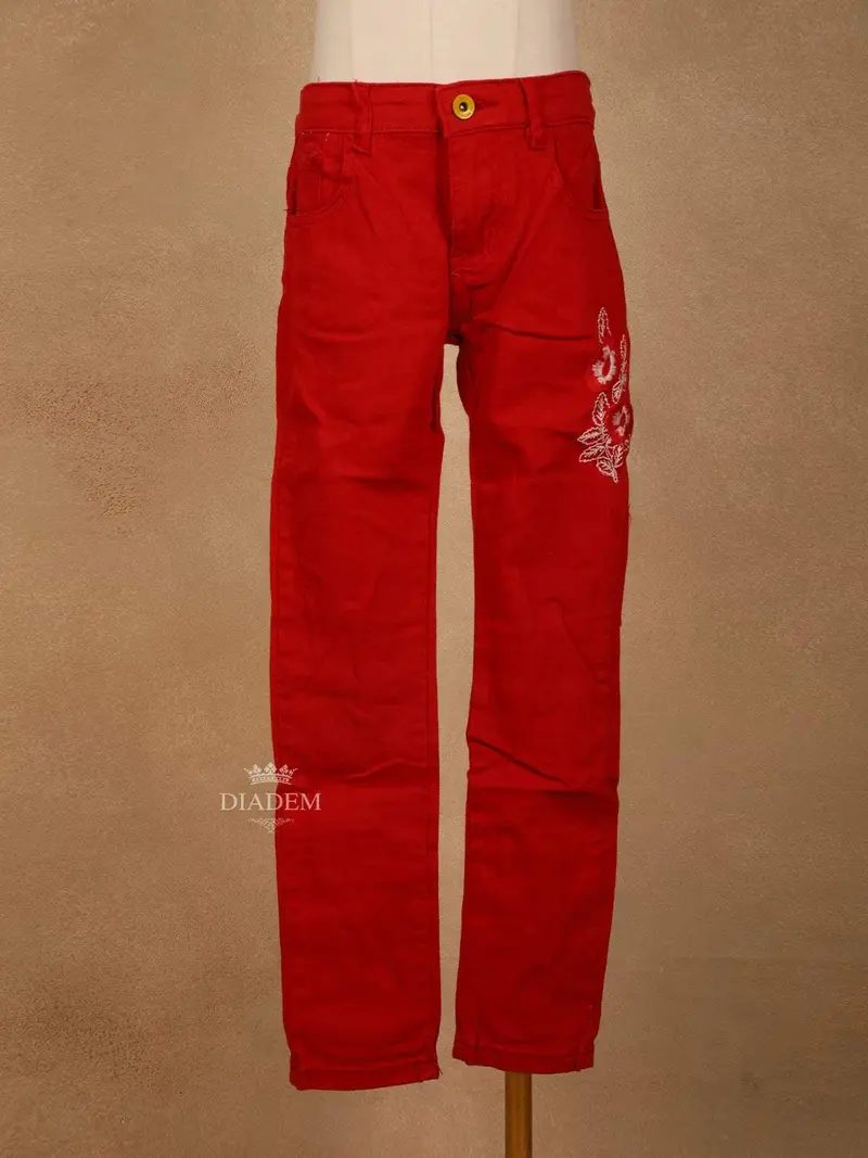 Red Cotton Blend Denim Pants For Girls 1