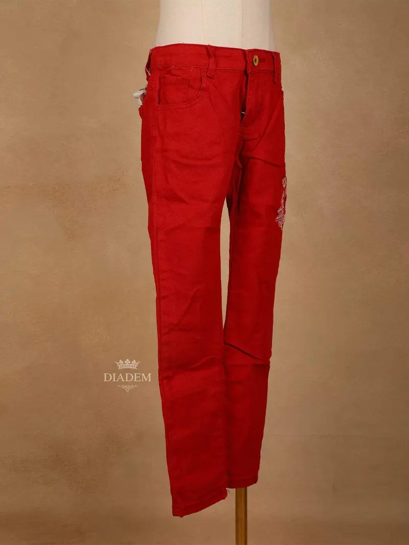 Red Cotton Blend Denim Pants For Girls 2