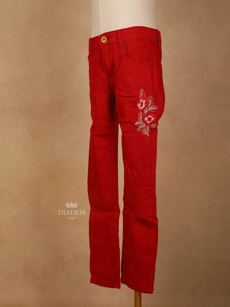 Red Cotton Blend Denim Pants For Girls 3