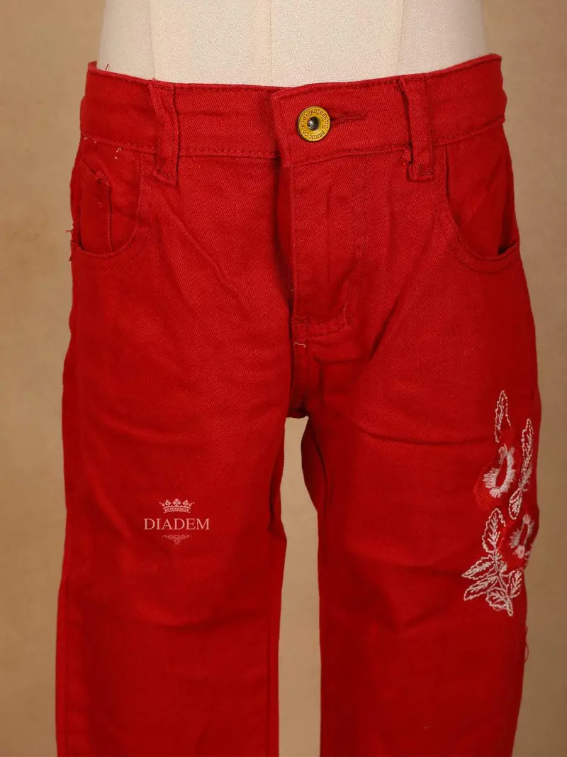 Red Cotton Blend Denim Pants For Girls 4