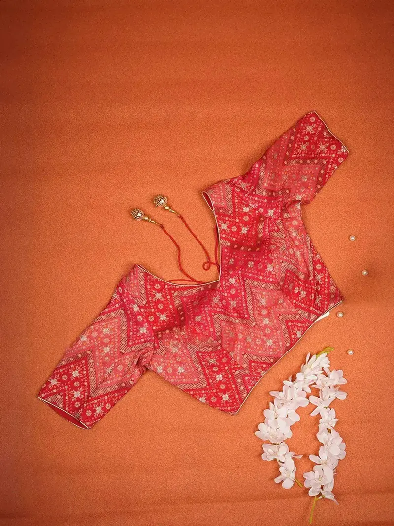 Red Cotton Readymade Blouse Adorned With Floral And Leaf Design 1
