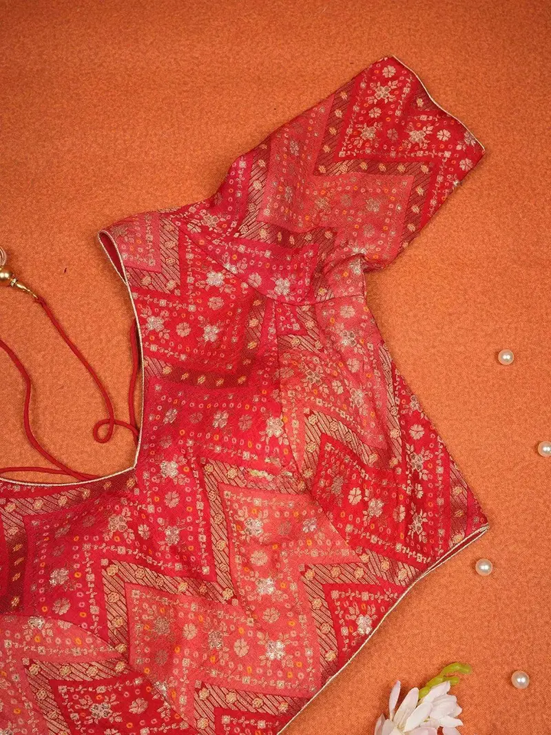 Red Cotton Readymade Blouse Adorned With Floral And Leaf Design 2