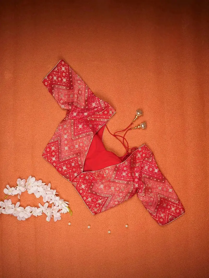 Red Cotton Readymade Blouse Adorned With Floral And Leaf Design 3