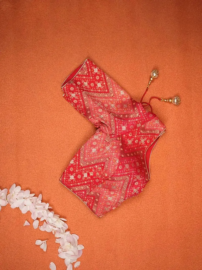 Red Cotton Readymade Blouse Adorned With Floral And Leaf Design 4