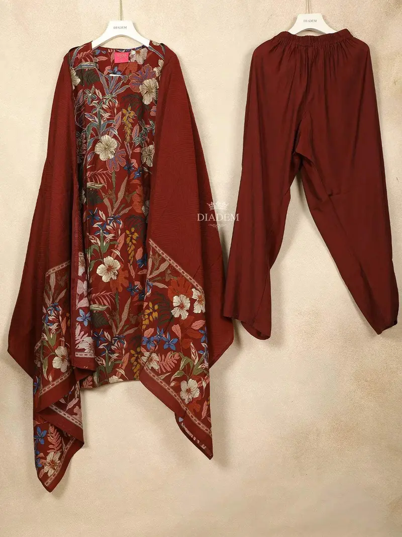 Red Cotton Straight Cut Salwar Suit Adorned With Sequins And Flower Design, Paired With Dupatta 1
