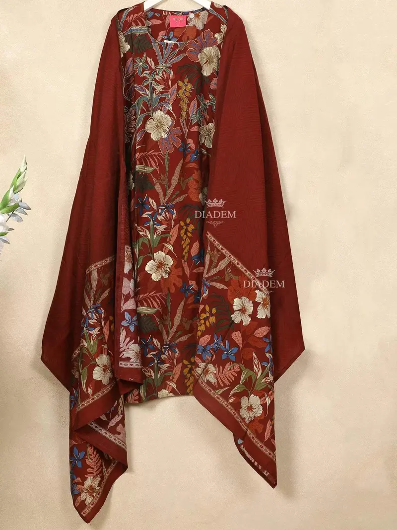 Red Cotton Straight Cut Salwar Suit Adorned With Sequins And Flower Design, Paired With Dupatta 2