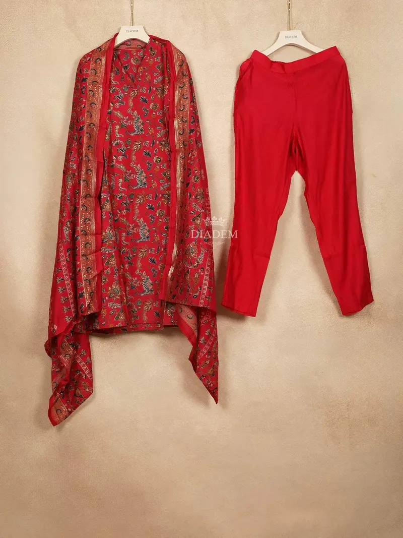 Red Cotton Straight Cut Salwar Suit For Women Adorned With Floral Prints Paired With Dupatta 1