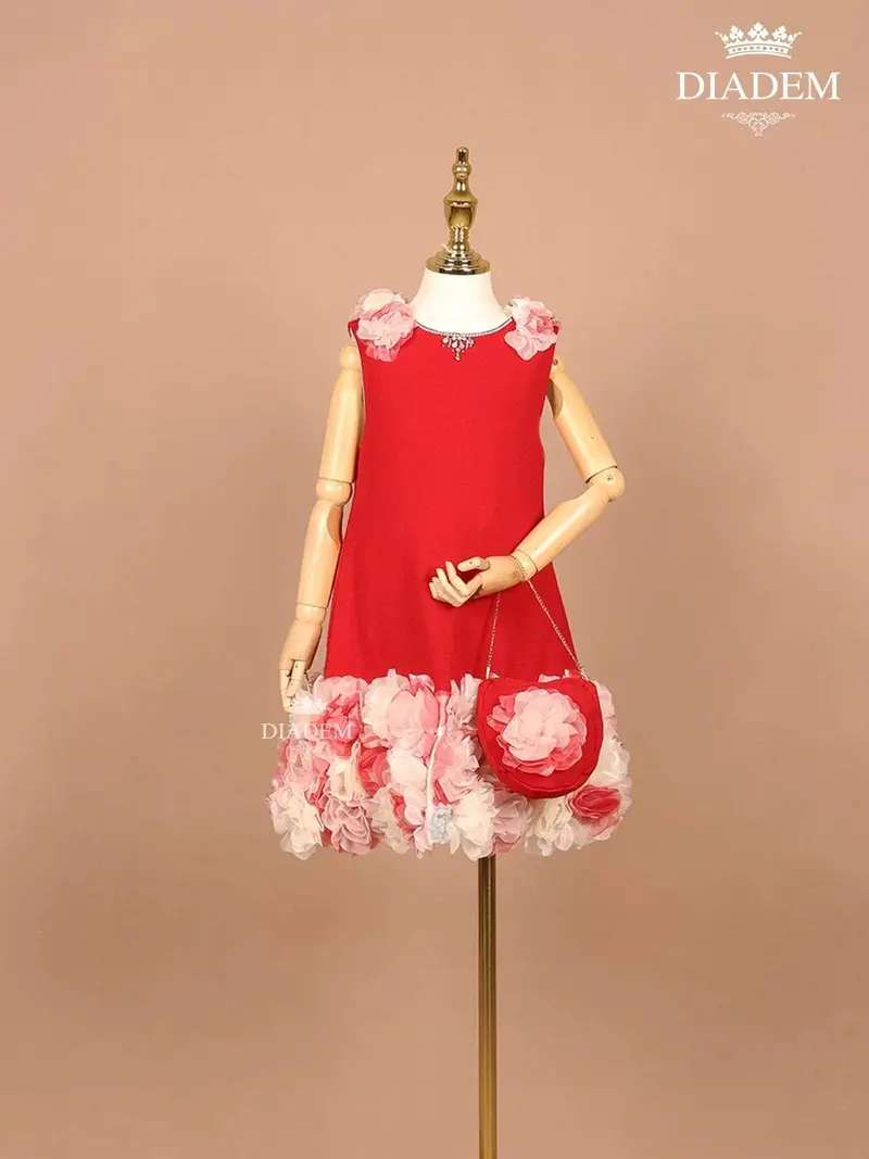 Red Crepe Frock Adorned With 3D Flowers Paired With Purse 1