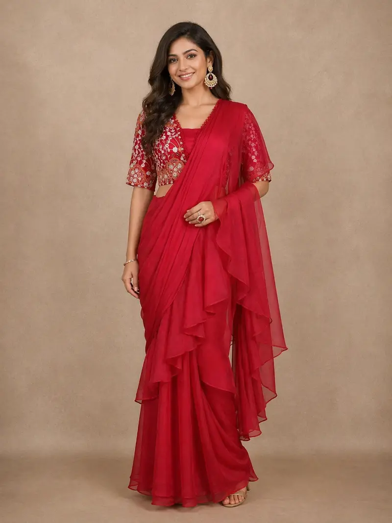 Red Crepe Ready To Wear Saree With Plain Body Paired With Designer Blouse 1