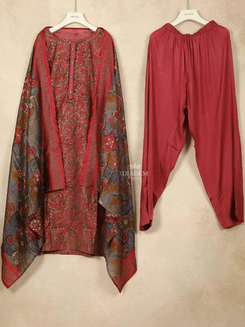 Red Crepe Straight Cut Salwar Suit For Girls Adorned With Sequins And Flower Prints, Paired With Dupatta 1
