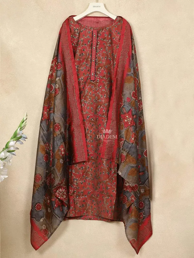 Red Crepe Straight Cut Salwar Suit For Girls Adorned With Sequins And Flower Prints, Paired With Dupatta 2