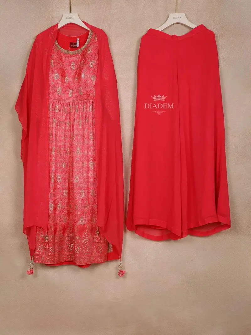 Red Crepe Straight Cut Salwar Suit For Women Adorned With Sequins And Flower Prints, Paired With Dupatta 1