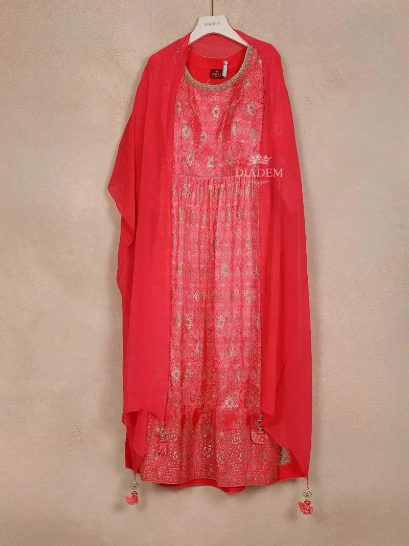 Red Crepe Straight Cut Salwar Suit For Women Adorned With Sequins And Flower Prints, Paired With Dupatta 2