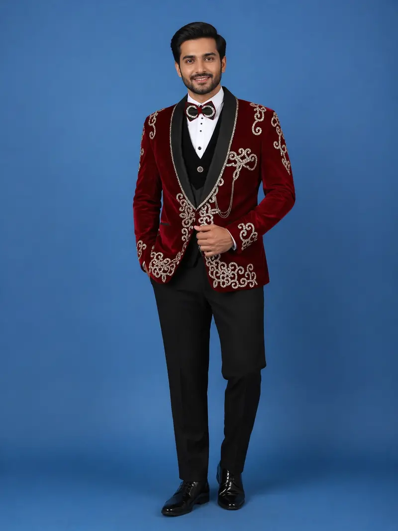 Red Crystal Embellished Velvet Men's Suit With Chain Detail 1