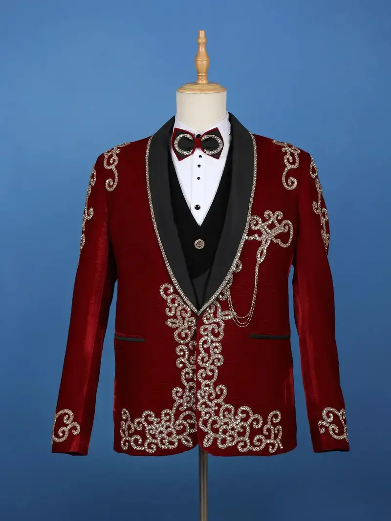 Red Crystal Embellished Velvet Men's Suit With Chain Detail 2