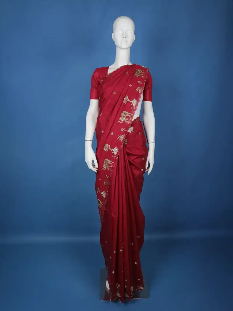 Red Elephant And Floral Designed Semi Tussar Saree 1