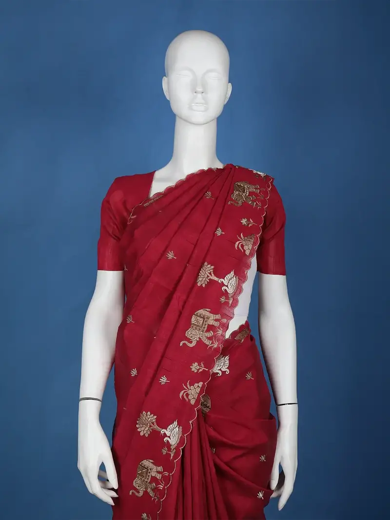Red Elephant And Floral Designed Semi Tussar Saree 2