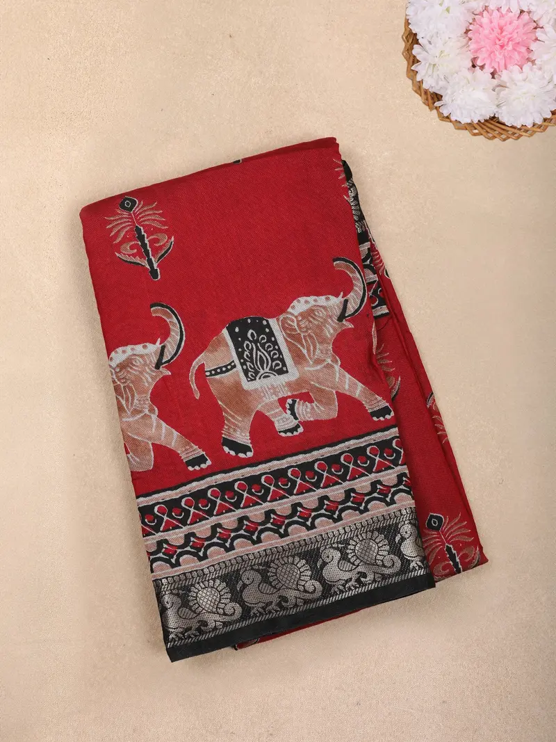 Red Elephant Printed Design Chanderi Cotton Saree With Contrast Zari Border 1