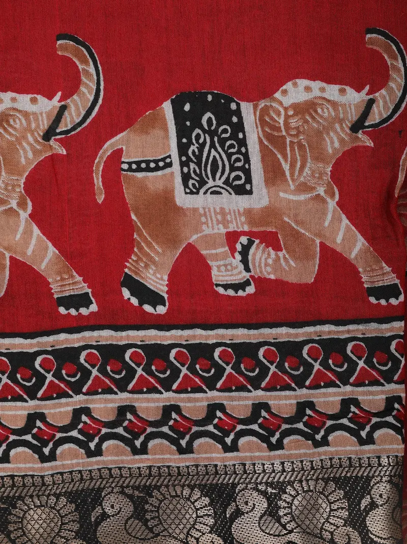 Red Elephant Printed Design Chanderi Cotton Saree With Contrast Zari Border 2