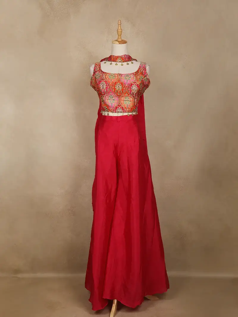 Red Embellished Design Crepe Palazzo Suit 1