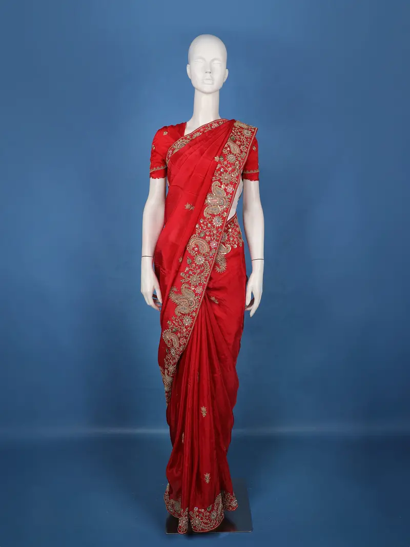 Red Embellished Design Semi Tissue Saree 1