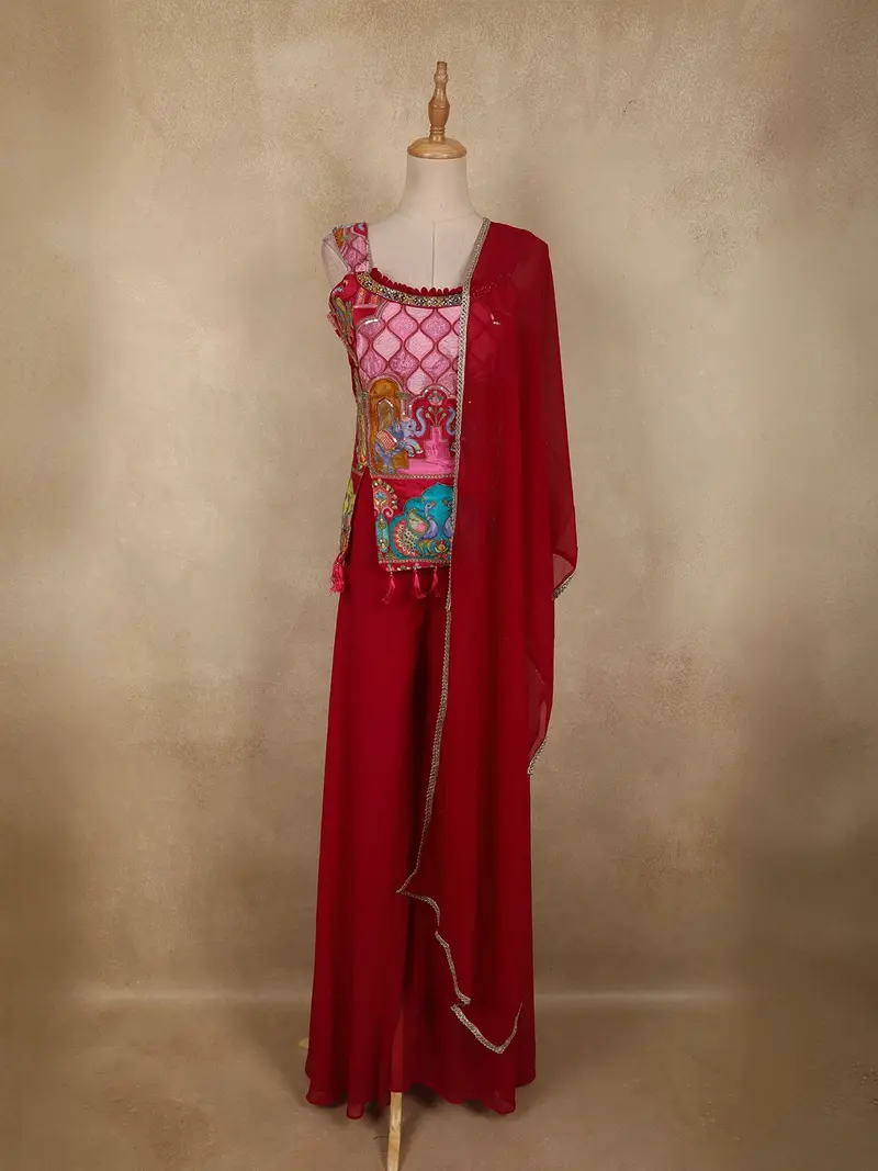 Red Embroidered Animal Printed Georgette Palazzo Suit 1