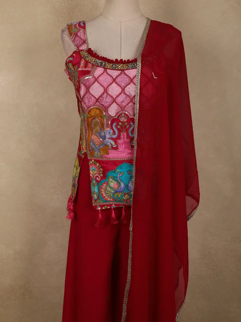 Red Embroidered Animal Printed Georgette Palazzo Suit 2