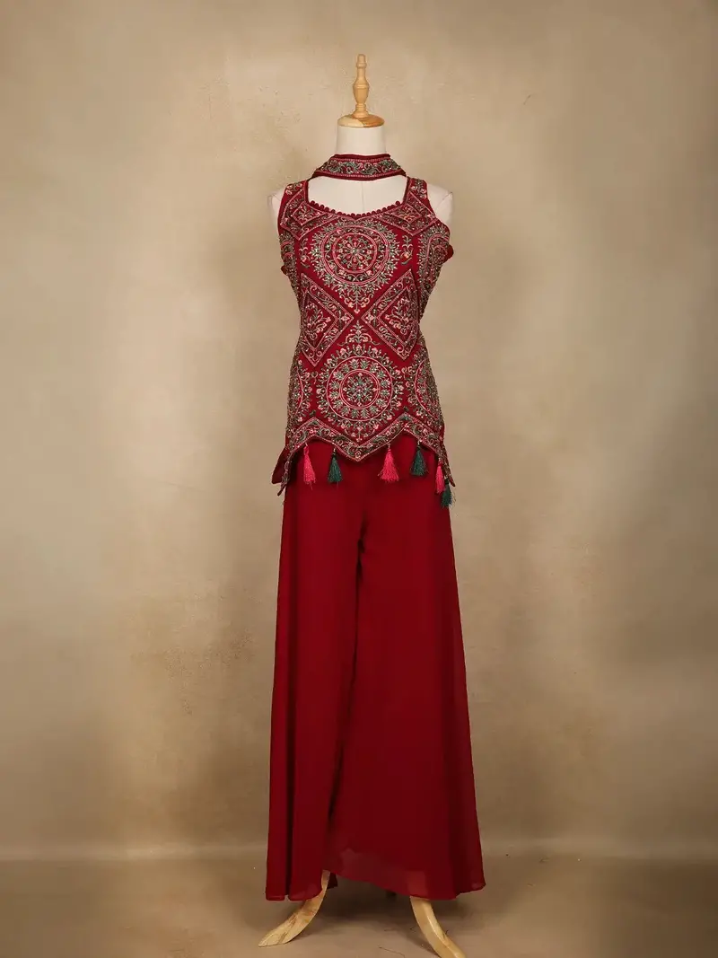 Red Embroidered Design Chiffon Palazzo Suit 1