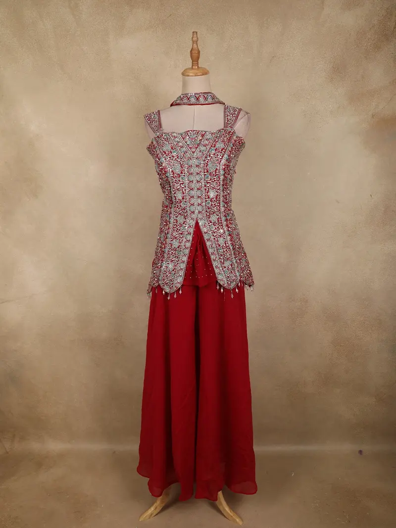Red Embroidered Design Chiffon Palazzo Suit 1