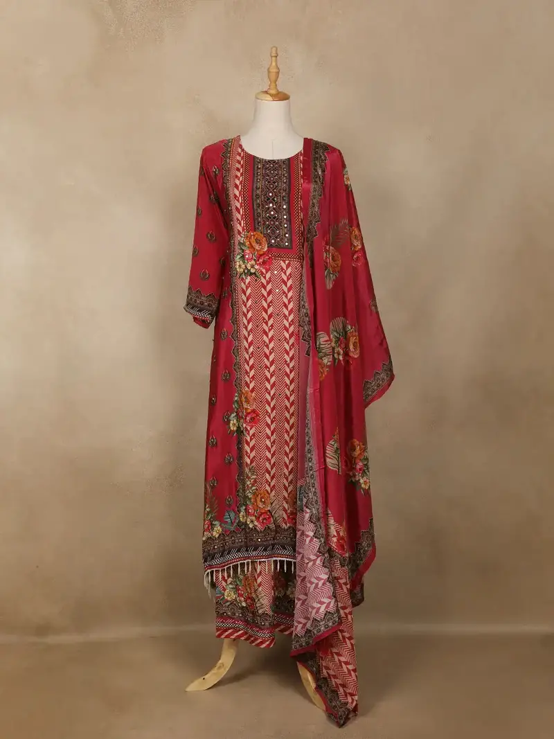 Red Embroidered Design Crepe Palazzo Suit 1