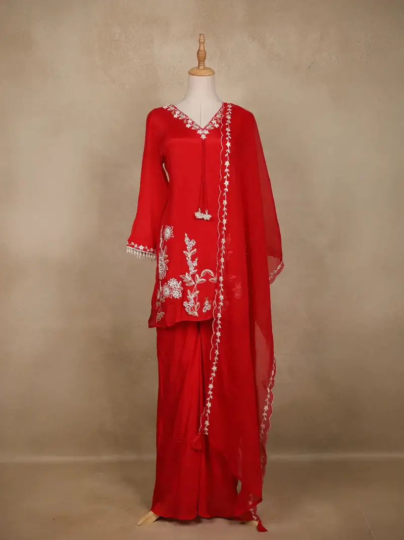 Red Embroidered Design Crepe Sharara Salwar Suit 1