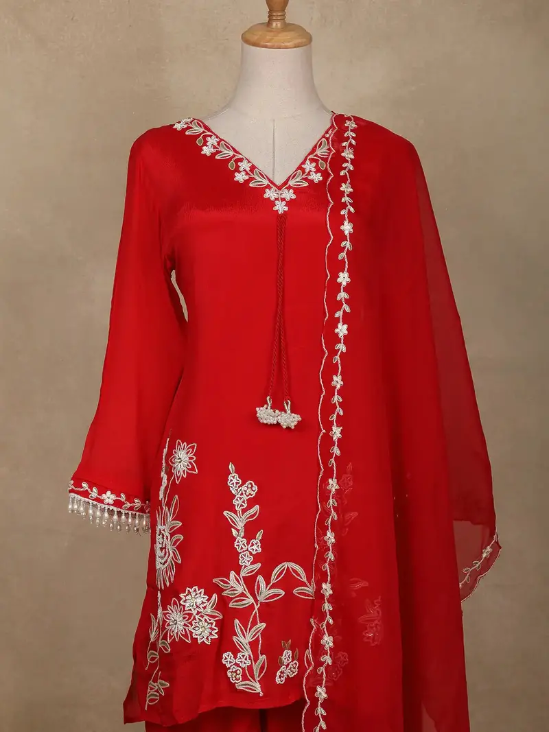 Red Embroidered Design Crepe Sharara Salwar Suit 2