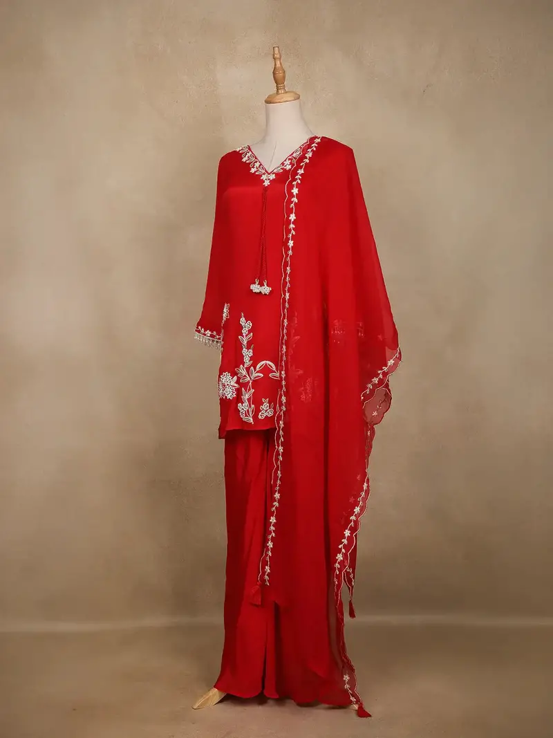 Red Embroidered Design Crepe Sharara Salwar Suit 3