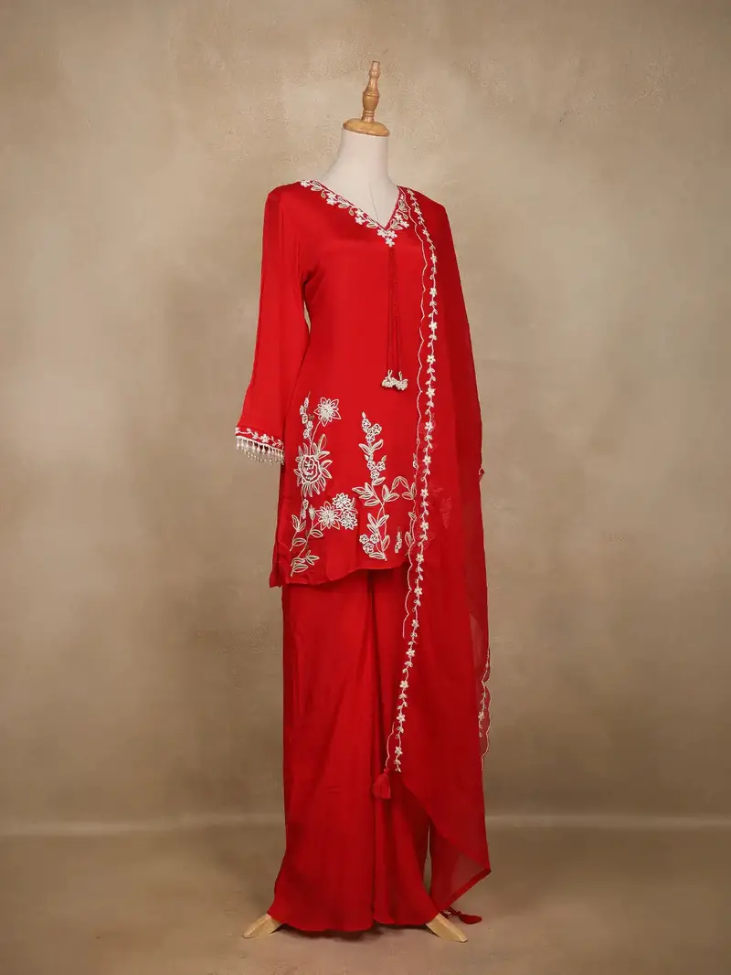 Red Embroidered Design Crepe Sharara Salwar Suit 4