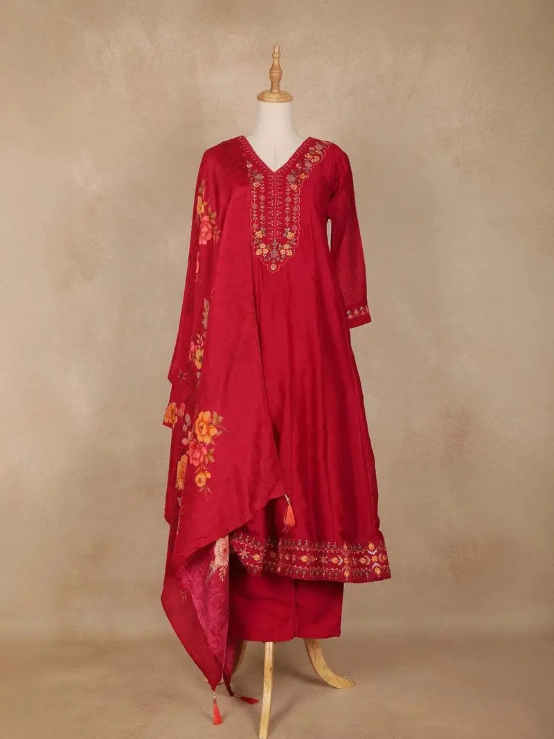 Red Embroidered Designed Crepe Anarkali Salwar Suit 1