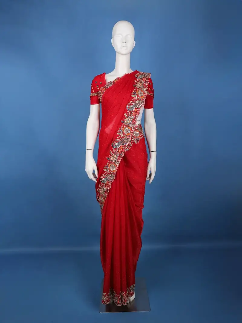 Red Embroidered Georgette Saree 1
