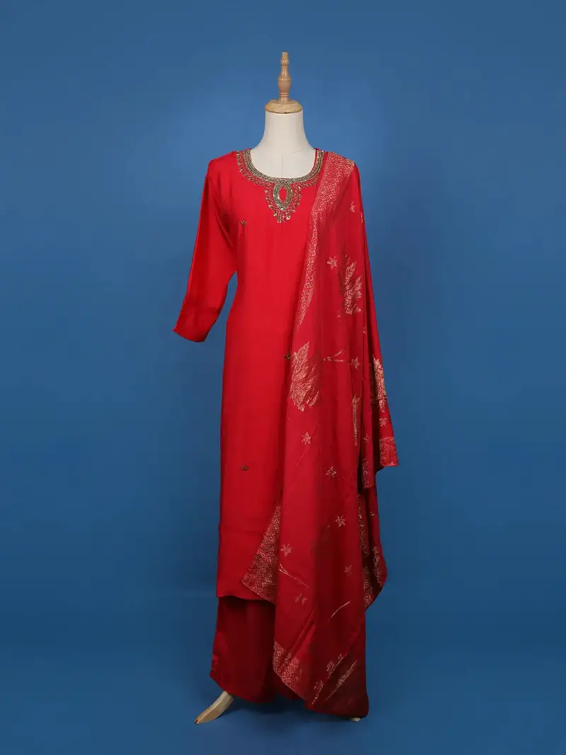 Red Embroidered Jacquard Straight Cut Salwar Suit 1