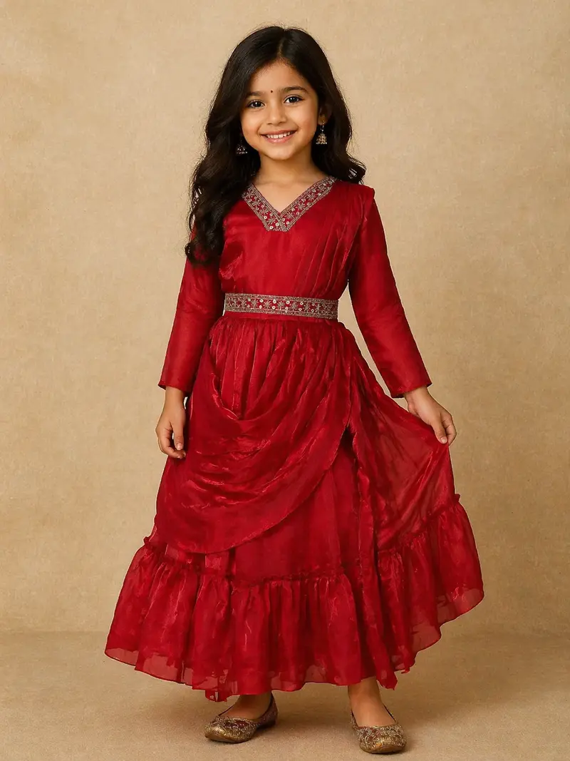 Red Embroidered Satin Kids Gown 1