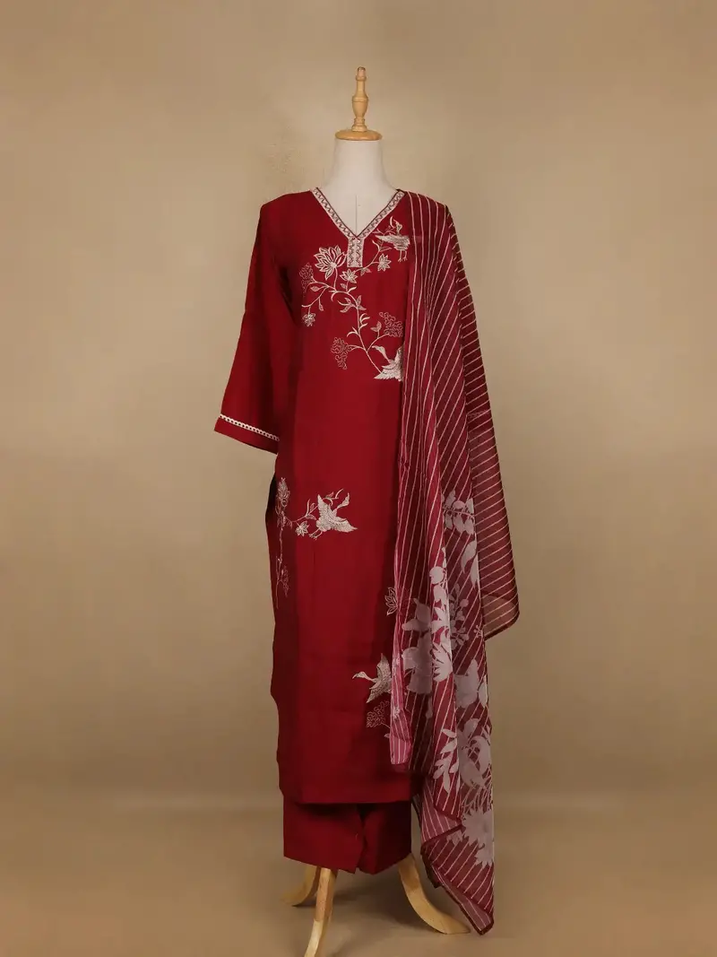 Red Floral And Bird Designed Cotton Salwar Suit 1